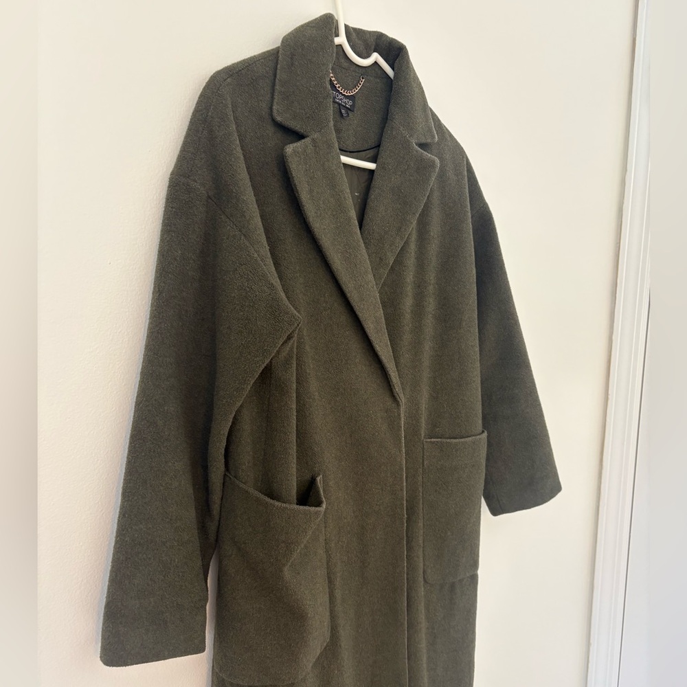 Topshop Khaki Green Longline Brushed Wool Blend Chuck On Coat Patch Pockets 6 - Picture 4 of 13